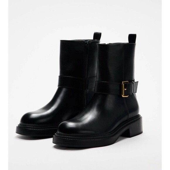 ZARA New Black Ankle Boots Flat Buckles Size US 6.5 EUR 37 Ref 3104/410 - Picture 1 of 13
